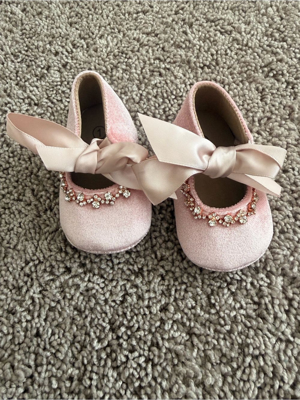 Pink Velvet Baby Rhinestone Bow Shoes | Size 1 | Princess Holiday Dress Shoes